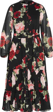 City Chic Roma Tie Waist Long Sleeve Maxi Dress