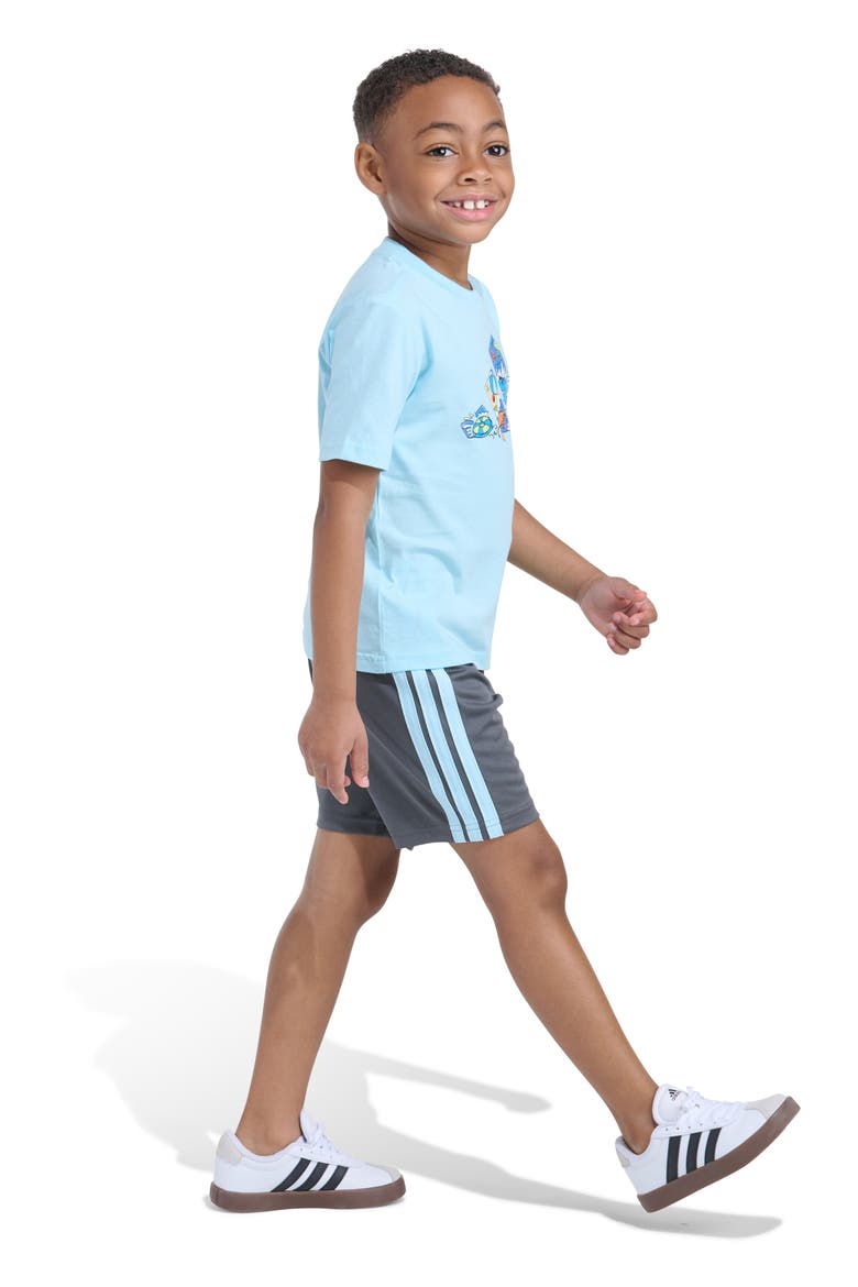 Kids' Graphic Print T-Shirt & 3-Stripes Shorts Set, Alternate, color, FROZEN BLUE