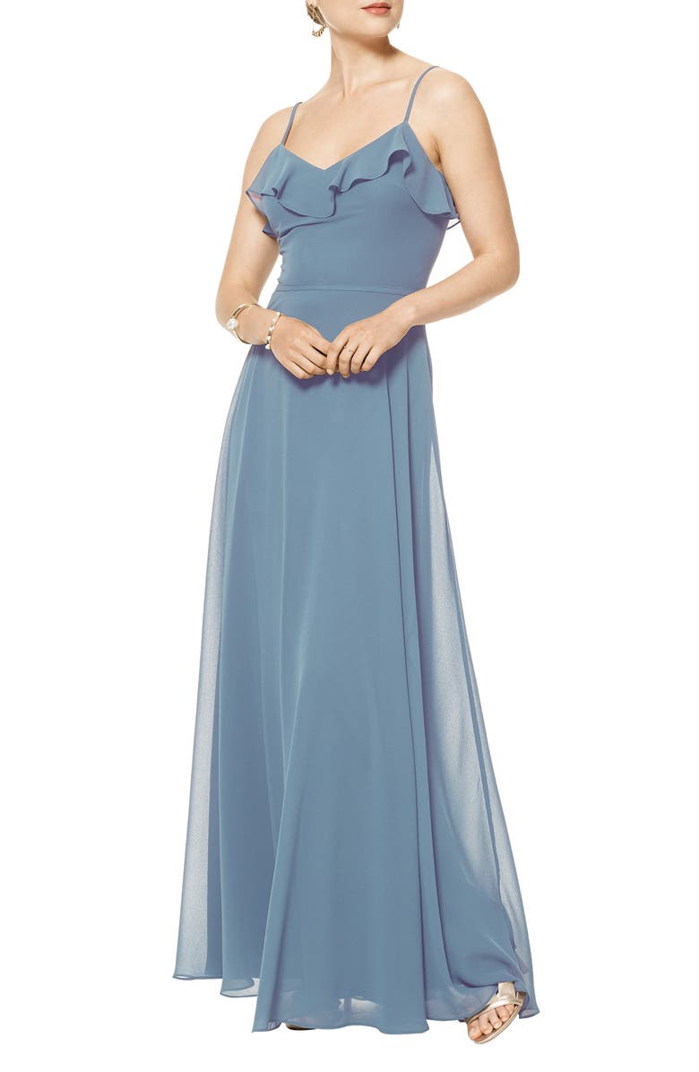 #Levkoff Ruffle V-Neck Chiffon Gown, Main, color, 