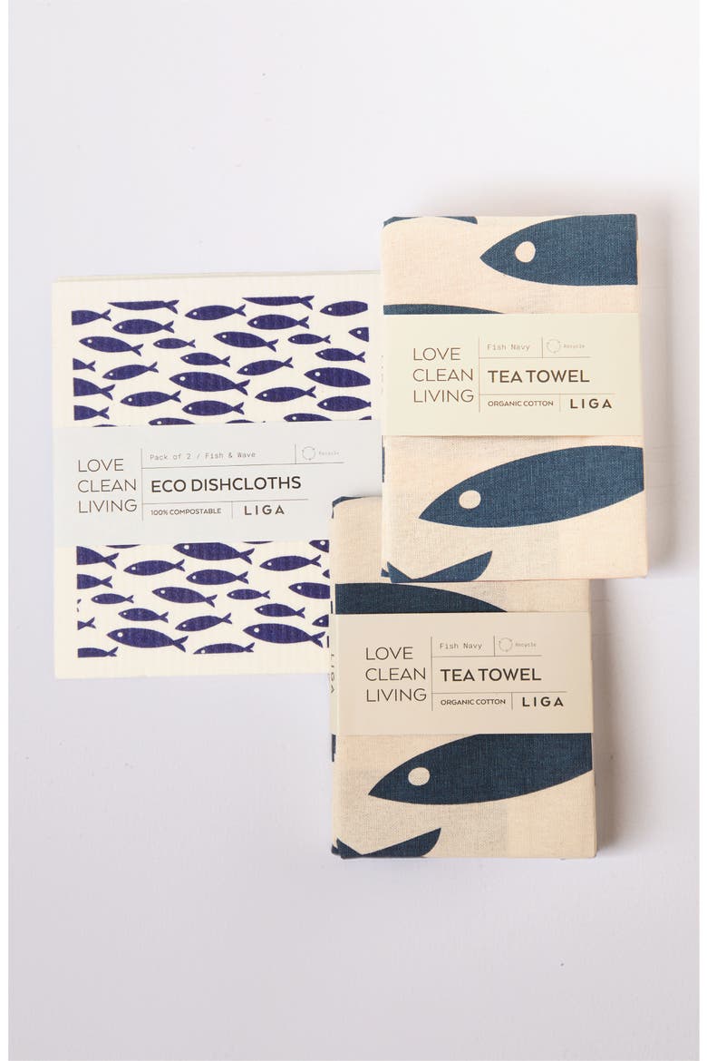 Tea Towels - Fish Set of 2 + Dishcloths Set of 2 - Fish and Wave, Main, color, Fish and Wave