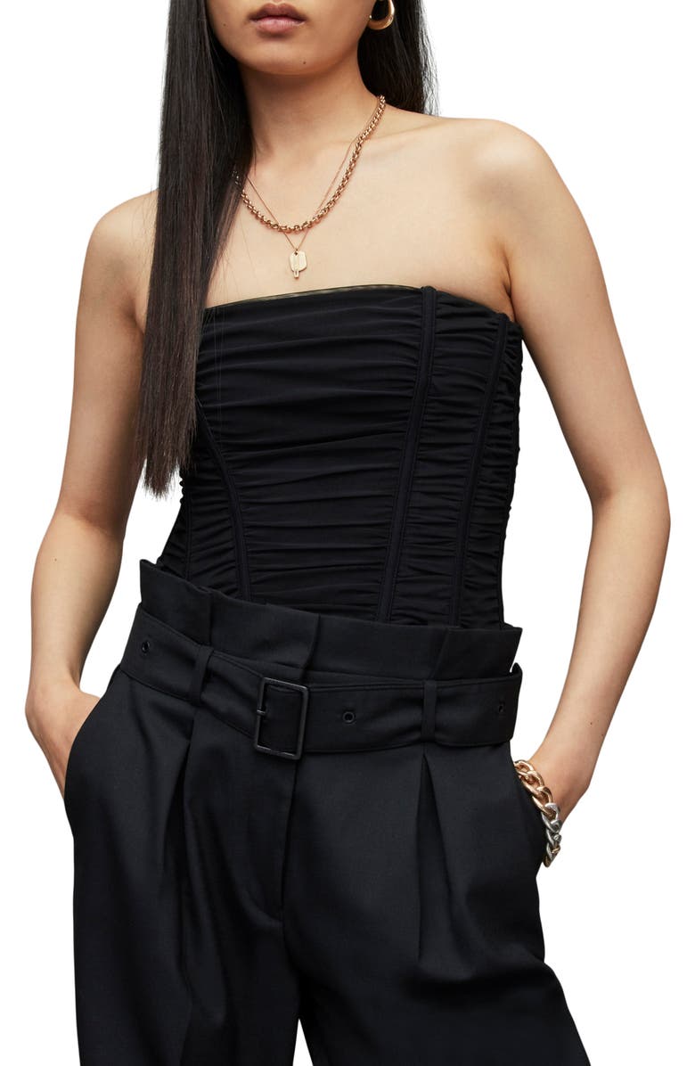 AllSaints Kym Ruched Strapless Corset Top, Main, color, 