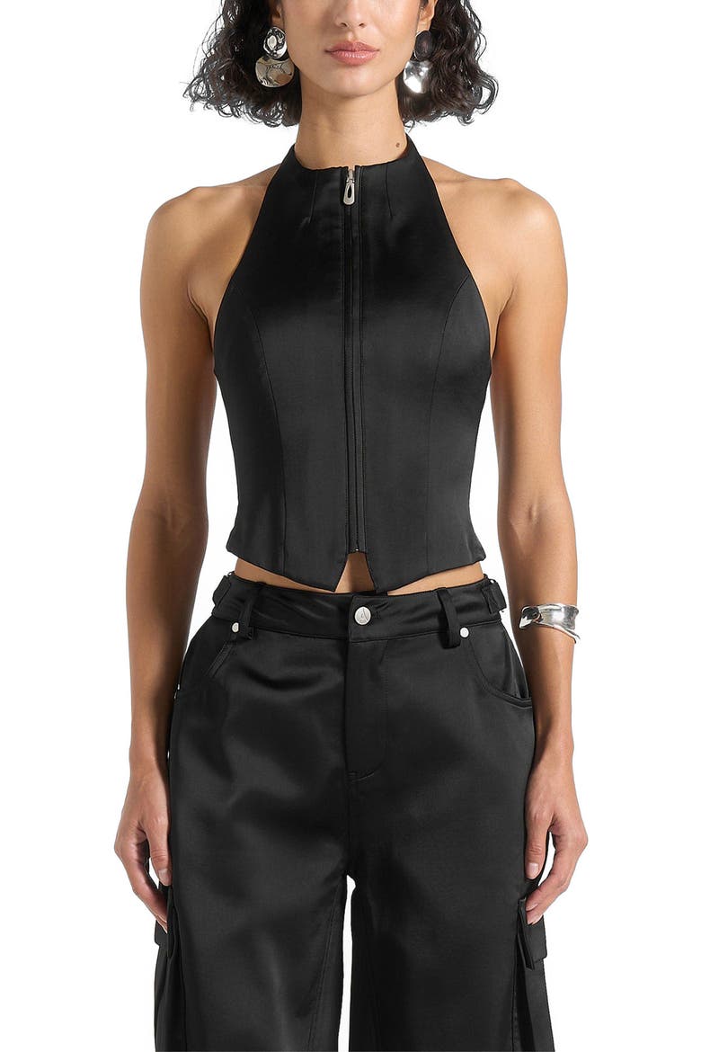 Claudette Satin Halterneck Backless Top, Main, color, Black