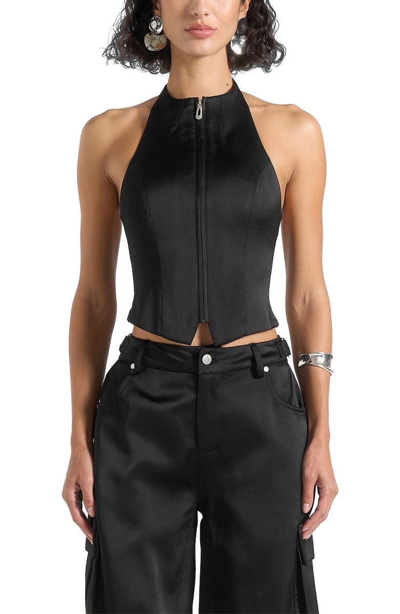 Manière De Voir Claudette Satin Halterneck Backless Top, Main, color, Black