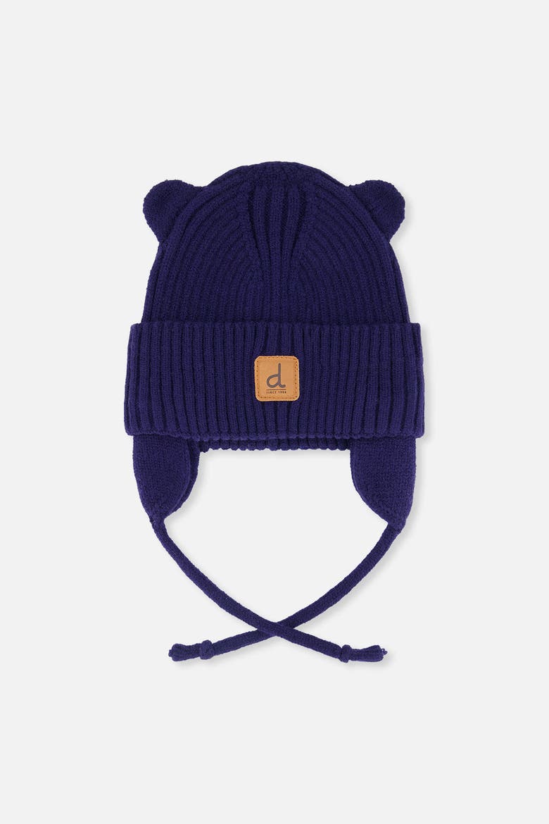 Knit Bear Ears Tie with Strings Hat, Main, color, Navy Blue