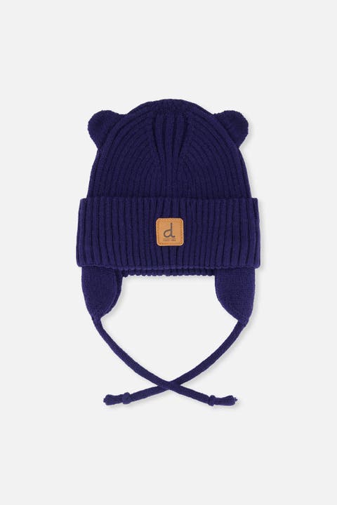 Knit Bear Ears Tie with Strings Hat