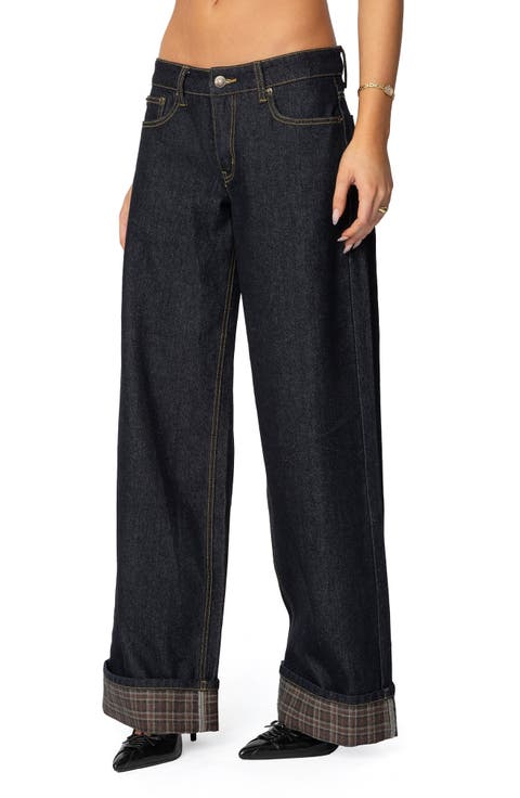 Plaid Cuff Wide Leg Jeans