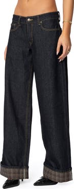 EDIKTED Plaid Cuff Wide Leg Jeans