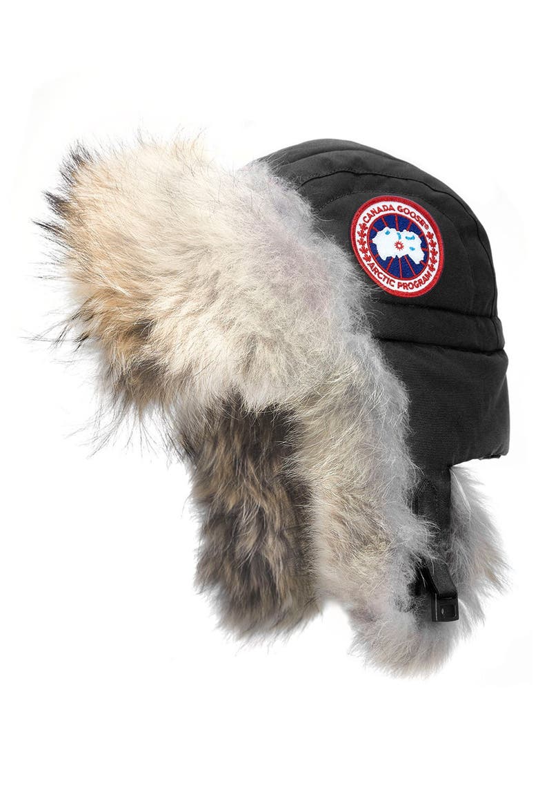 Aviator Hat with Genuine Coyote Fur Trim, Main, color, BLACK