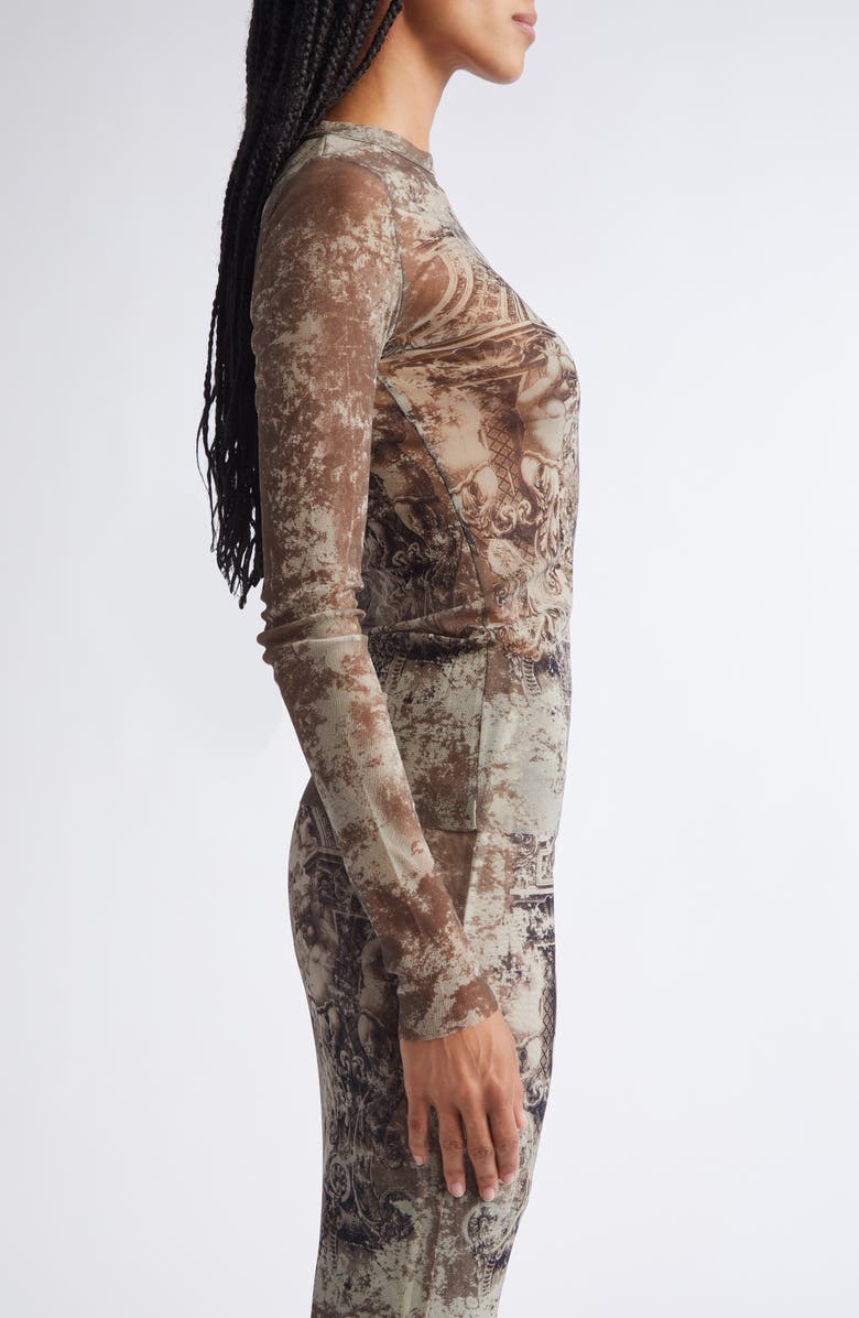 Jean Paul Gaultier Medallion Print Long Sleeve Mesh Top, Alternate, color, Light Beige/ Taupe