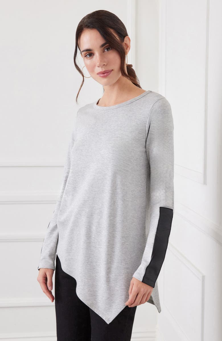 Karen Kane Faux Leather Trim Long Sleeve Asymmetric Top, Alternate, color, Heather