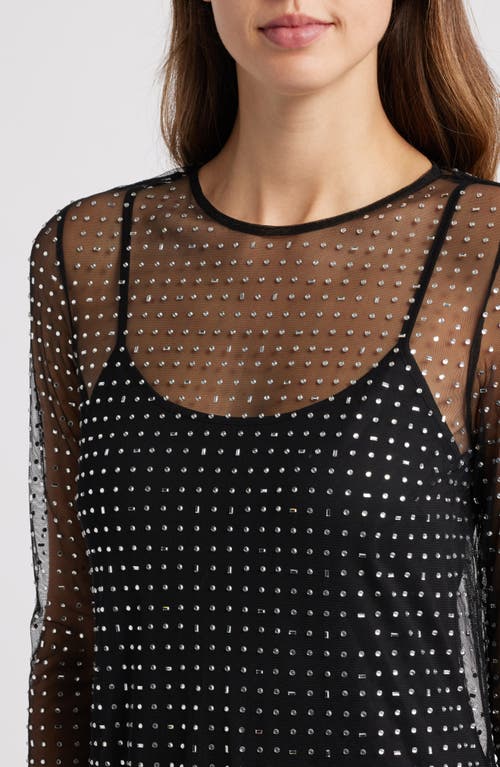 Halogen ® Crystal Detail Long Sleeve Mesh Overlay Midi Dress In Rich Black