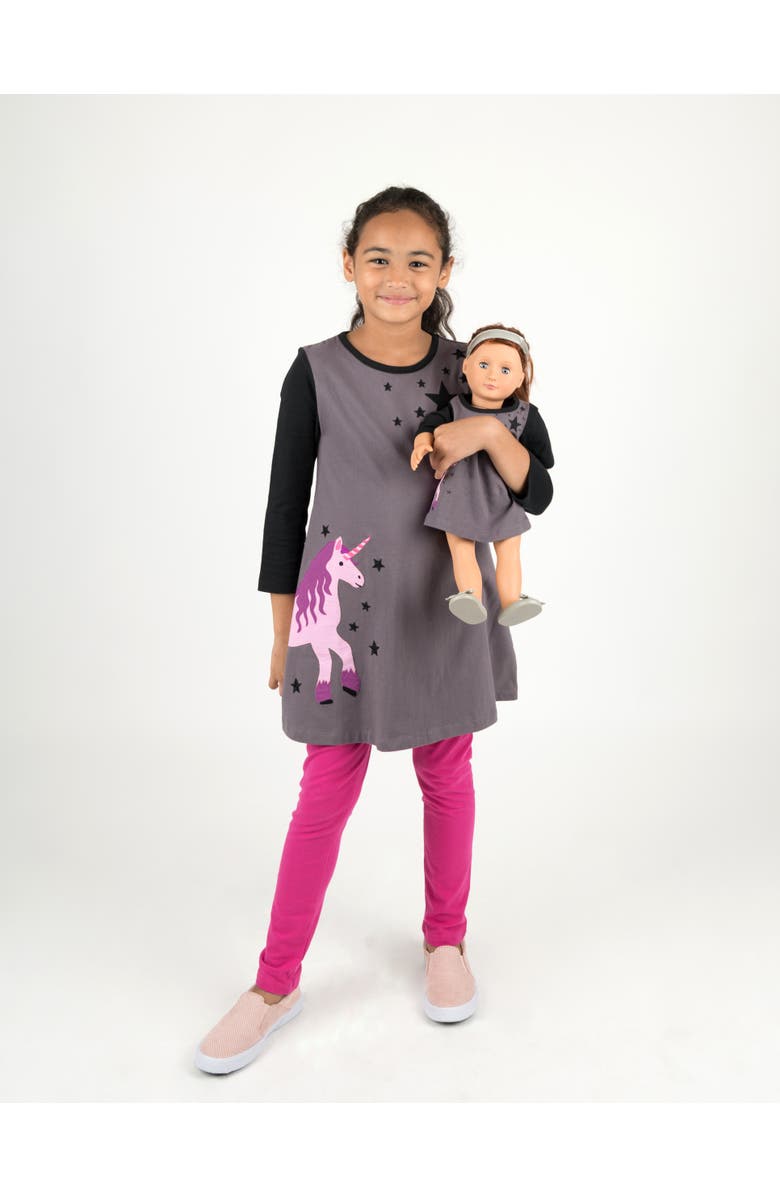 Leveret Girls Cotton Dress with Matching Doll Dress, Printed Design, Alternate, color, Unicorn With Stars