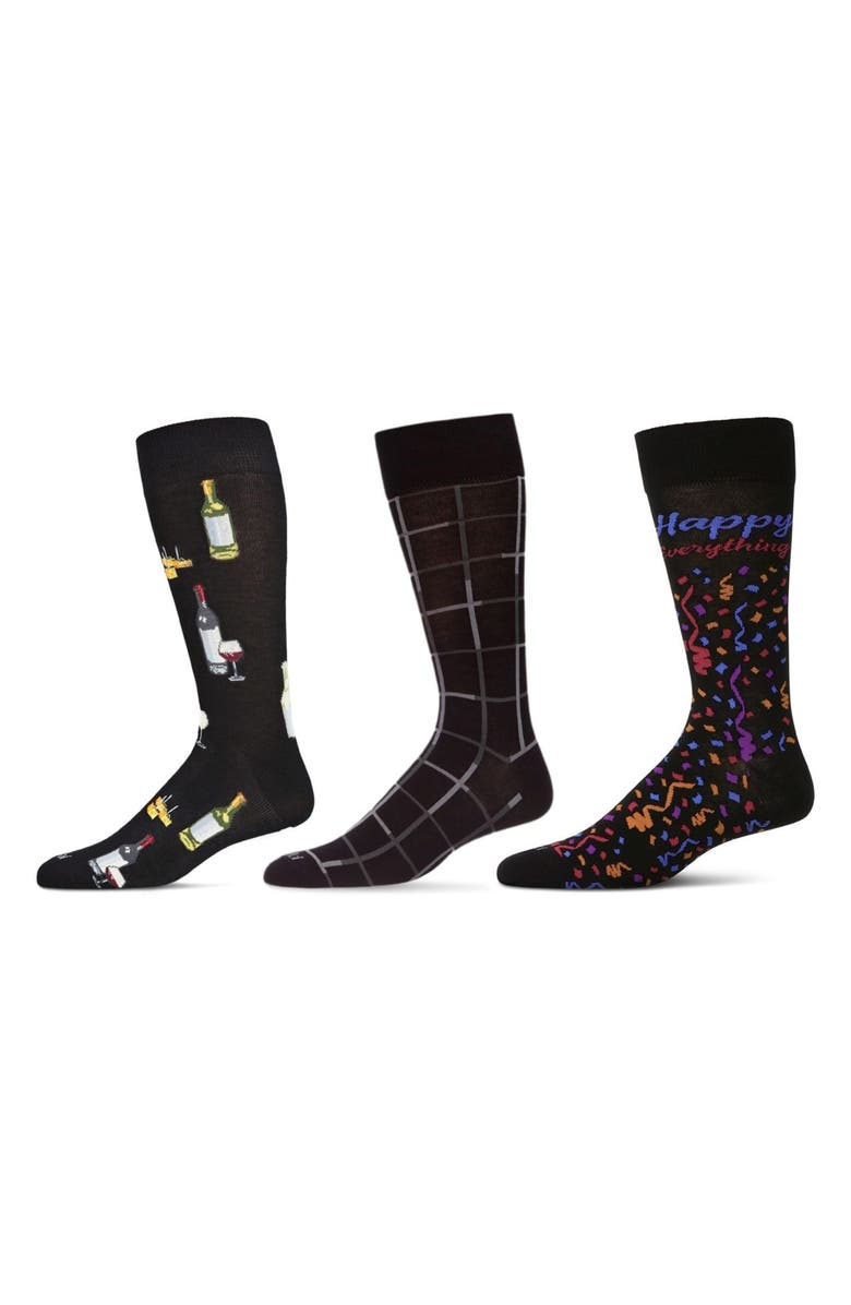 MeMoi Festivities Assorted 3-Pack Novelty Crew Socks, Alternate, color, Black