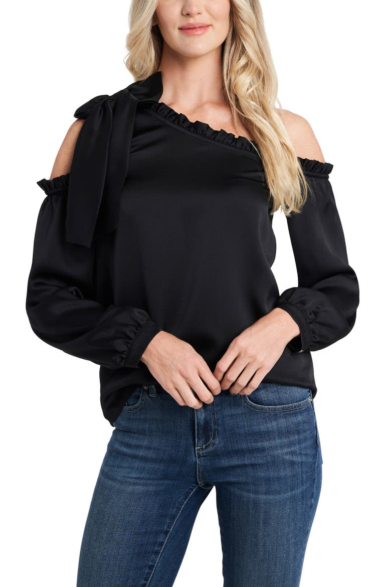 One-Shoulder Ruffle Bow Blouse, Main, color, RICH BLACK