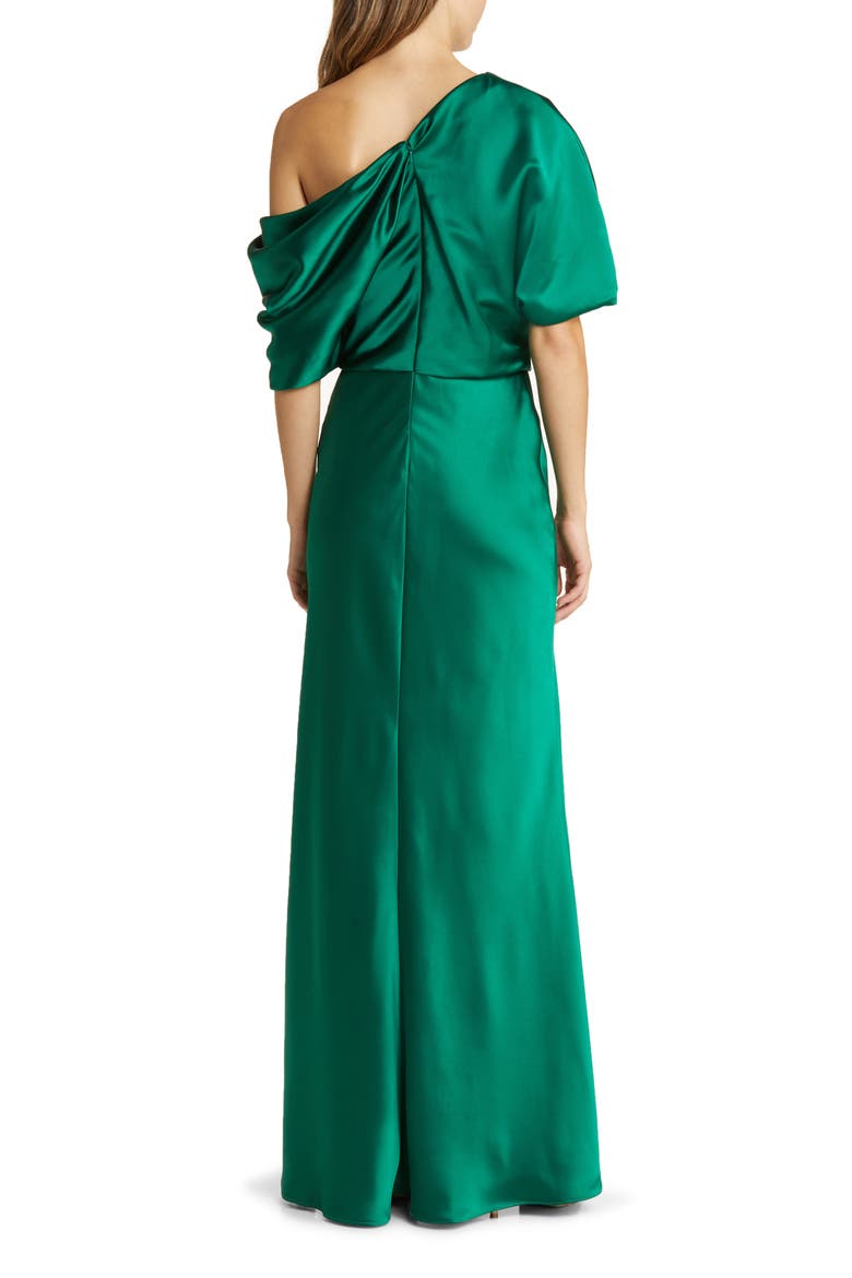 One-Shoulder Fluid Satin Gown, Alternate, color, EMERALD