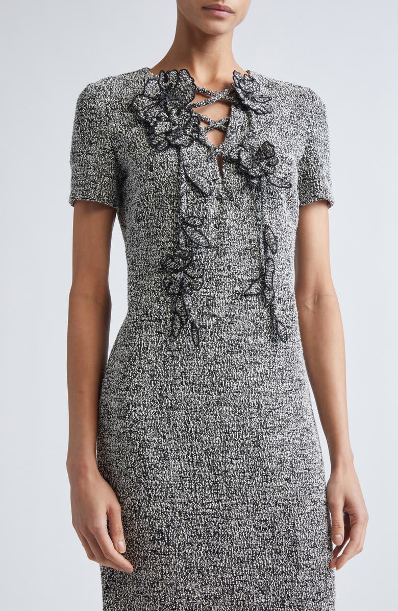Oscar de la Renta Bouclé Tweed Jersey Sheath Dress, Alternate, color, Black/ Ivory