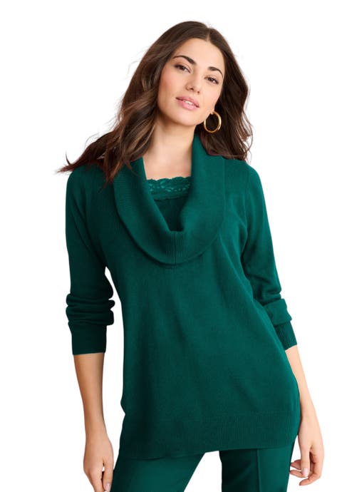 Plus Size Lightweight Cowl Neck Sweater With Lace Trim