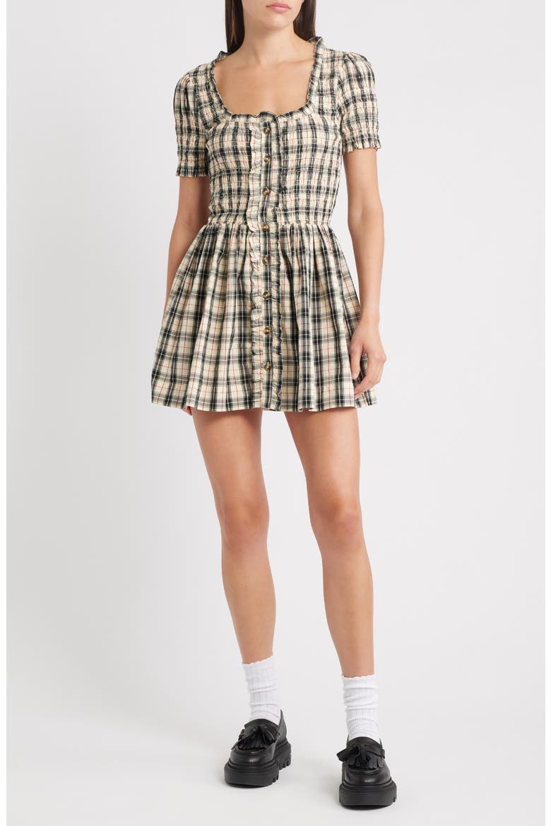 Mansi Check Organic Cotton Minidress, Main, color, BUTTER