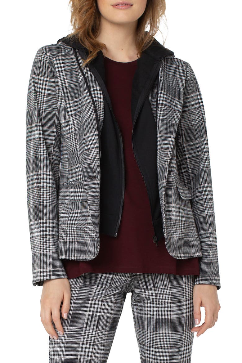 Check Boyfriend Blazer with Removable Hoodie Insert, Main, color, BK/WHT/BRN