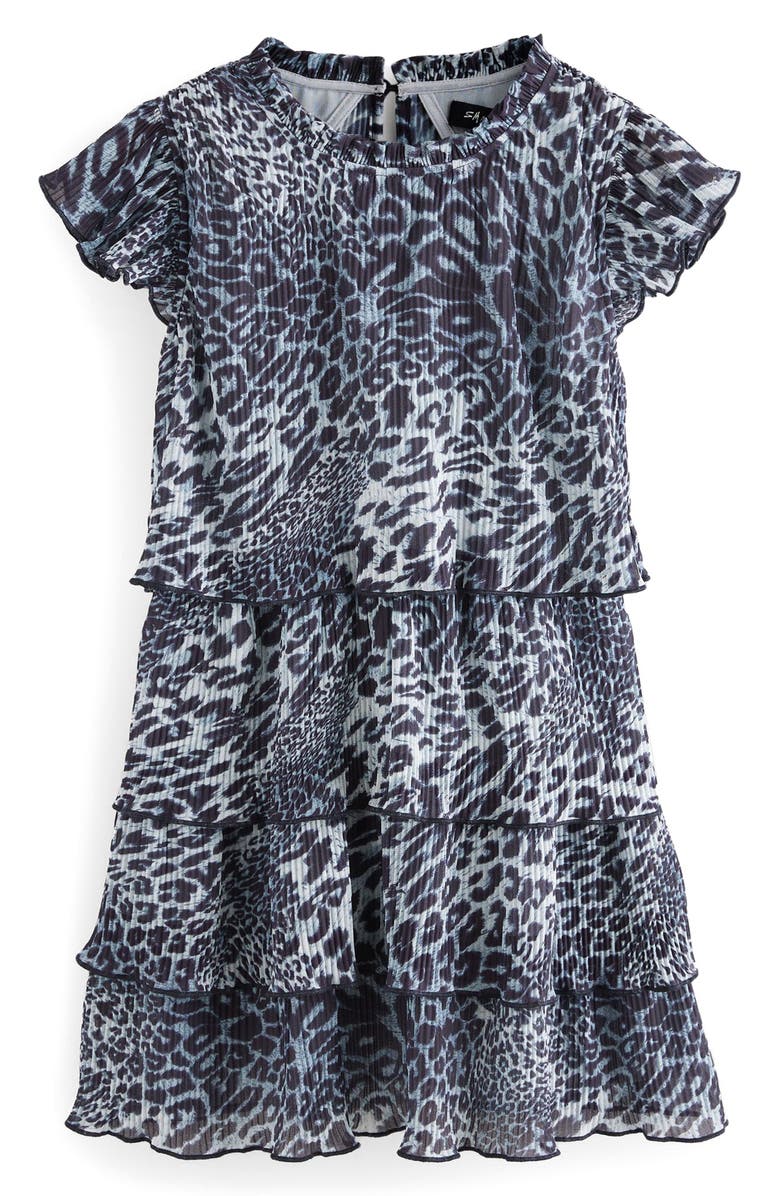 smALLSAINTS by ALLSAINTS Kids' Leopard Print Plissé Tiered Dress, Main, color, Black