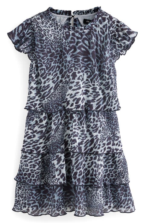 Kids' Leopard Print Plissé Tiered Dress (Big Kid)