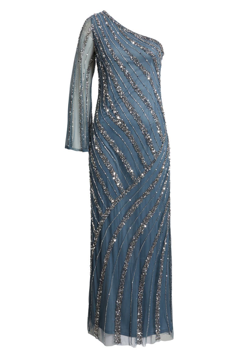 Sequin Beaded One-Shoulder Gown, Alternate, color, GREY