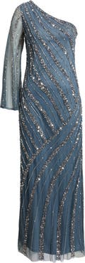 Pisarro Nights Sequin Beaded One-Shoulder Gown