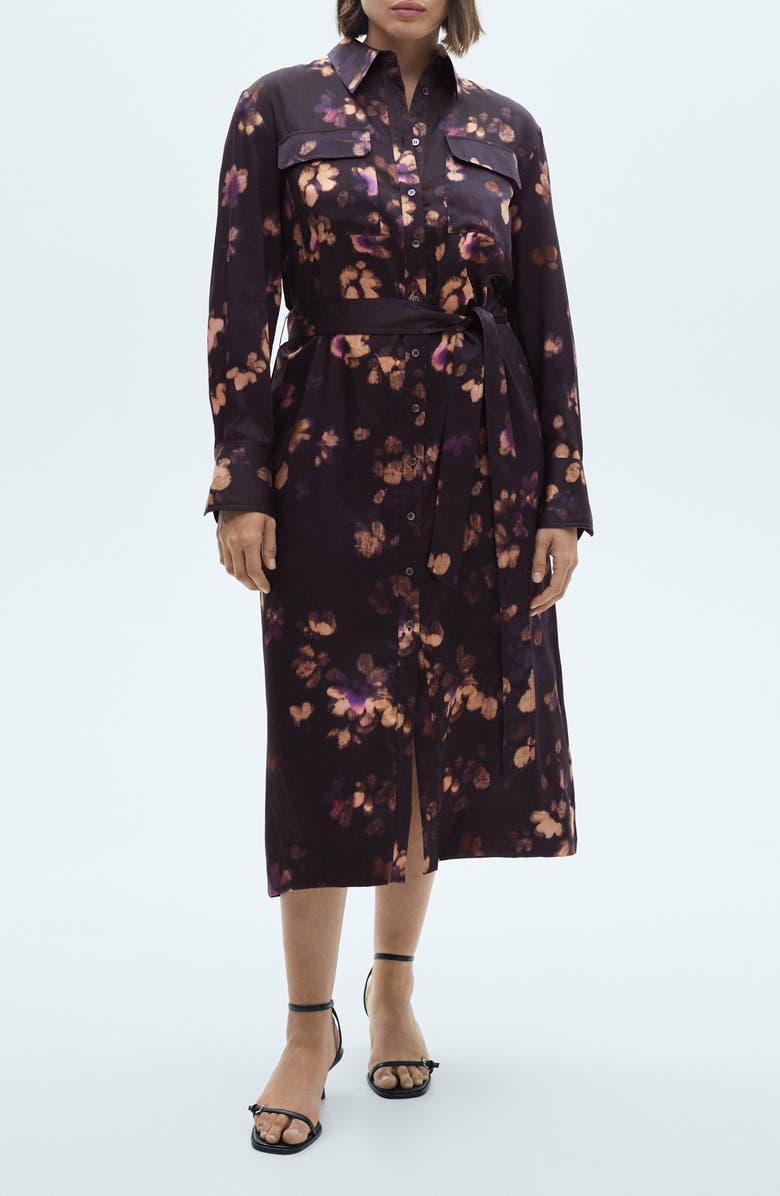 MANGO Floral Print Tie Waist Long Sleeve Midi Shirtdress, Main, color,