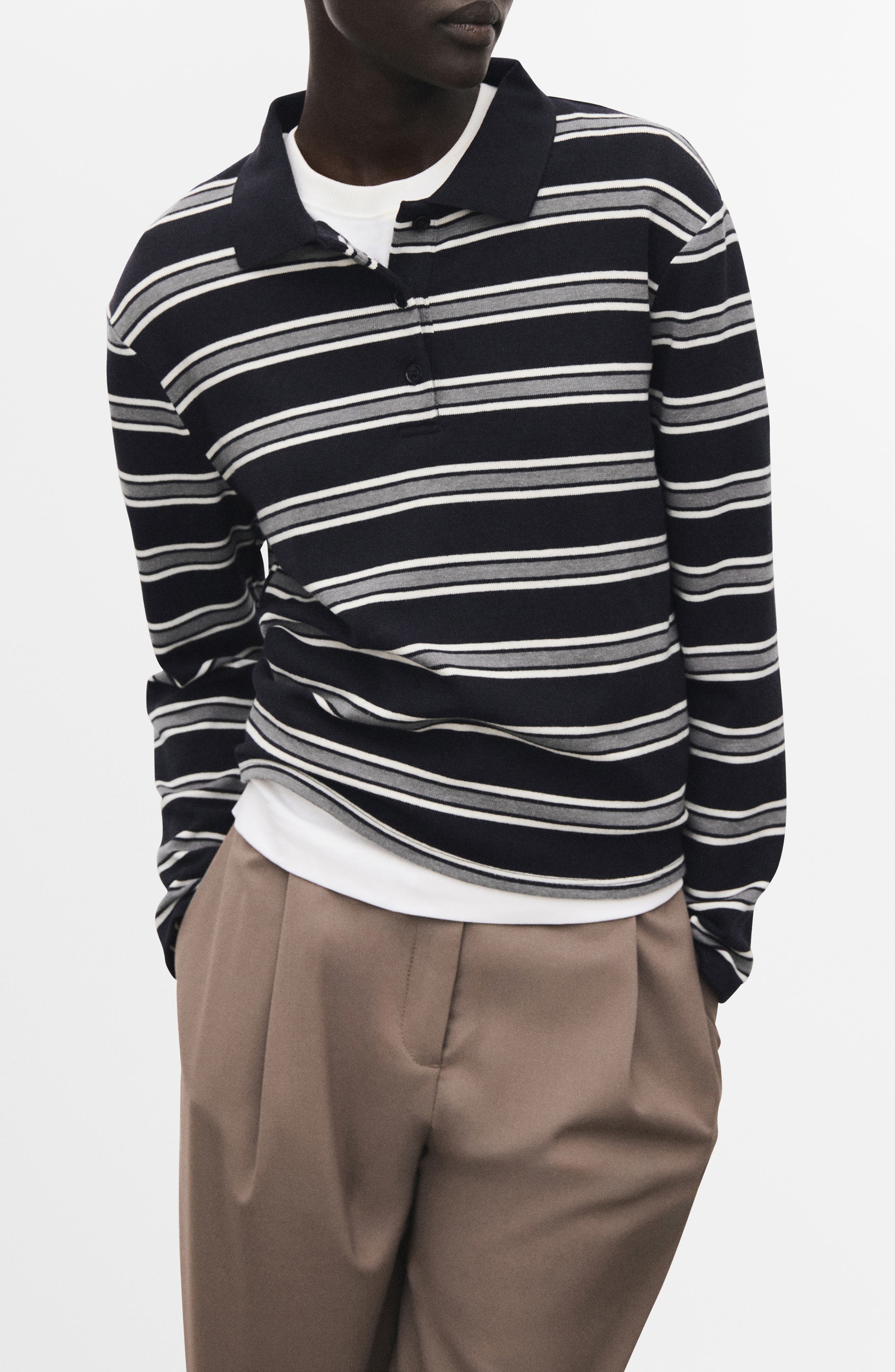 Mango Stripe Long Sleeve Polo In Blue