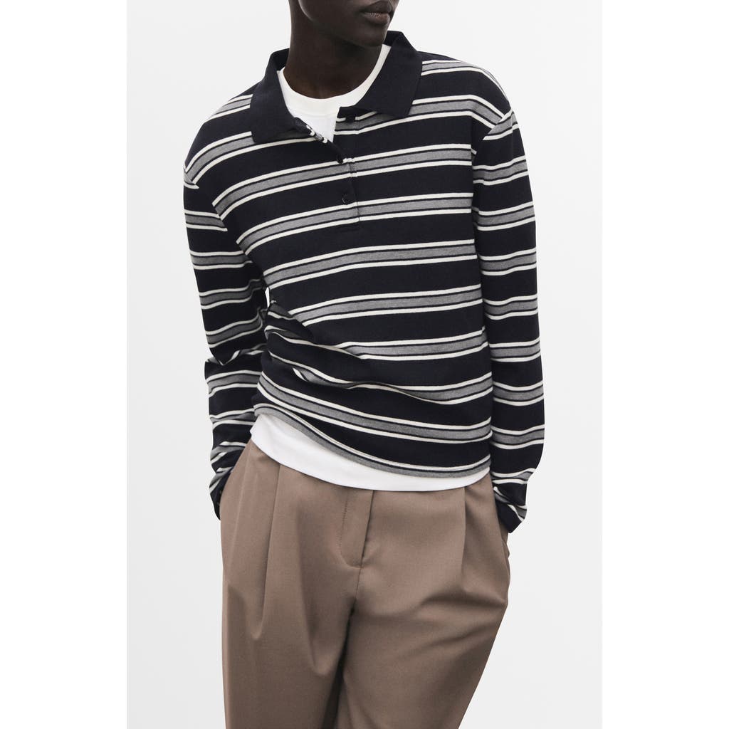 Mango Stripe Long Sleeve Polo In Blue