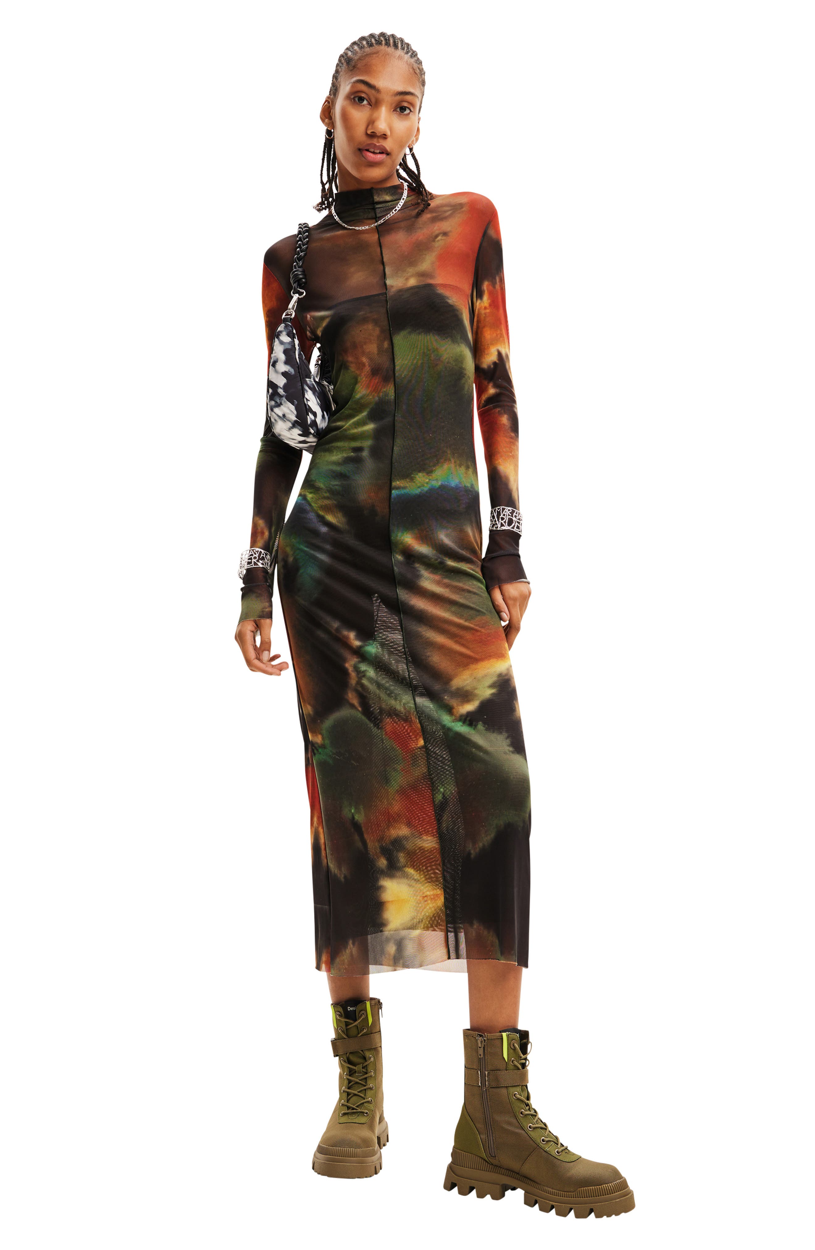 Watercolor Long Sleeve Tulle Midi Dress - image 2