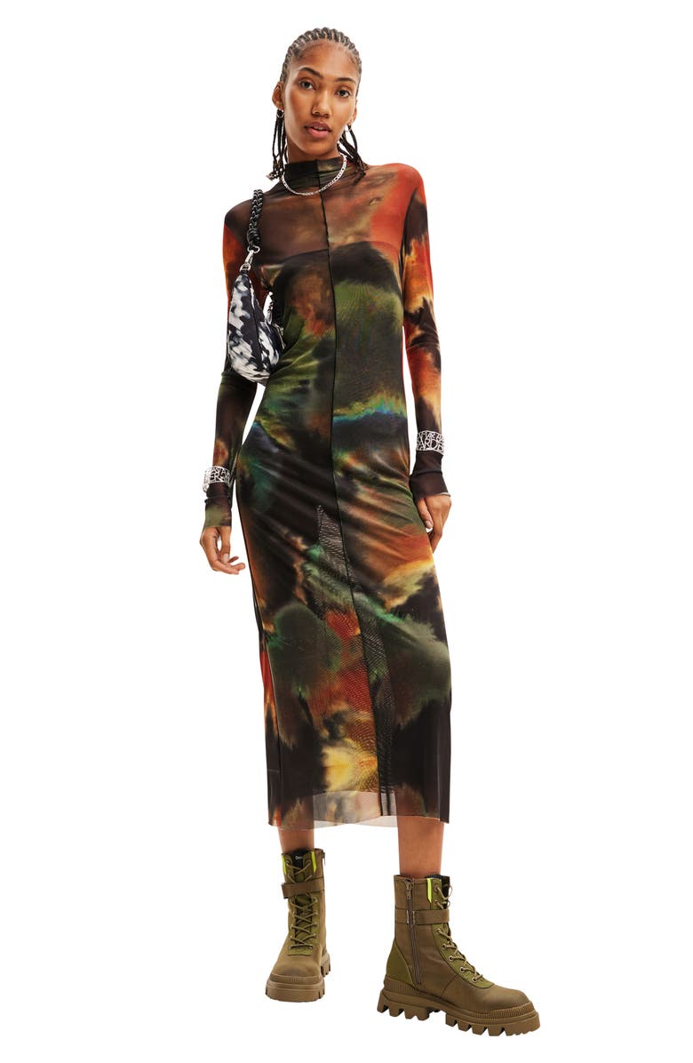 Desigual Watercolor Long Sleeve Tulle Midi Dress, Alternate, color, Brown