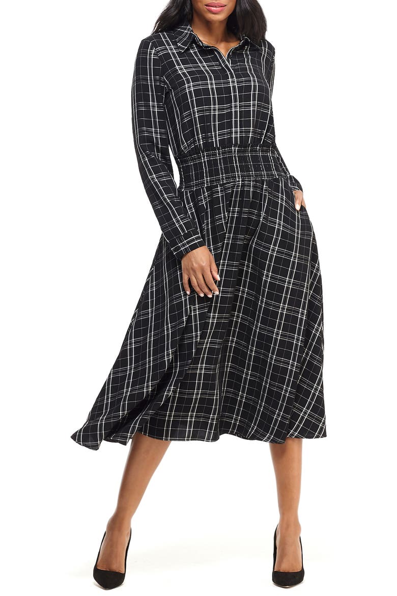Plaid Long Sleeve Shirtdress, Main, color, BLACK/ WHITE
