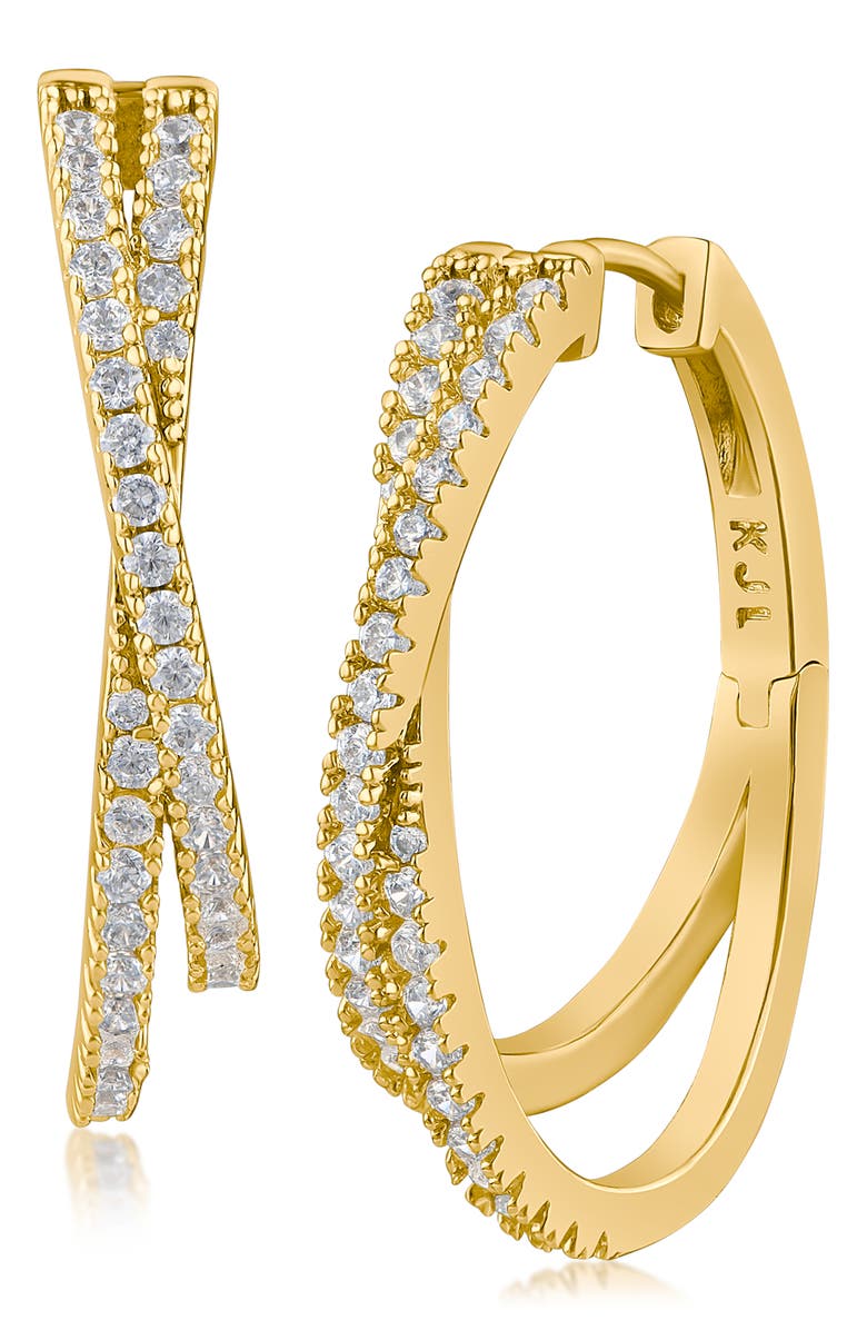 CZ by Kenneth Jay Lane Pavé Cubic Zirconia Crossover Hoop Earrings, Main, color, Clear/ Gold