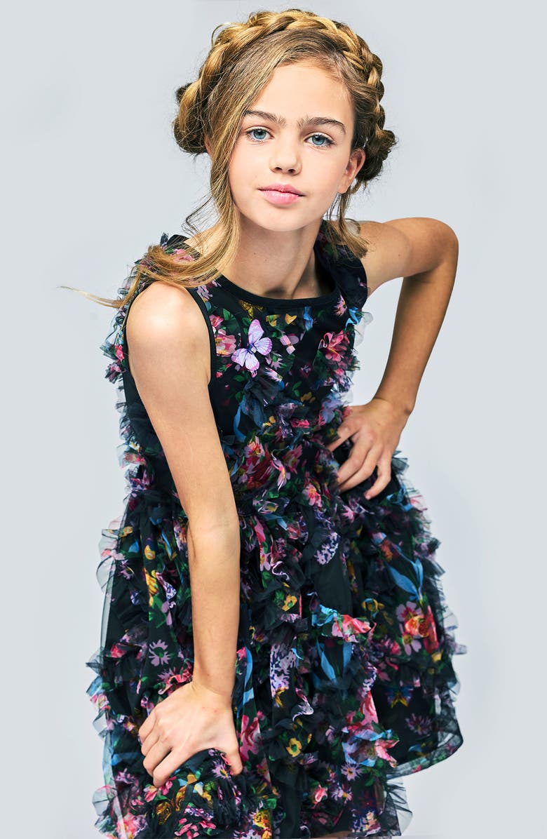 Hannah Banana Kids' Hilo Flower 3D Ruffle Dress, Alternate, color, Black Multi