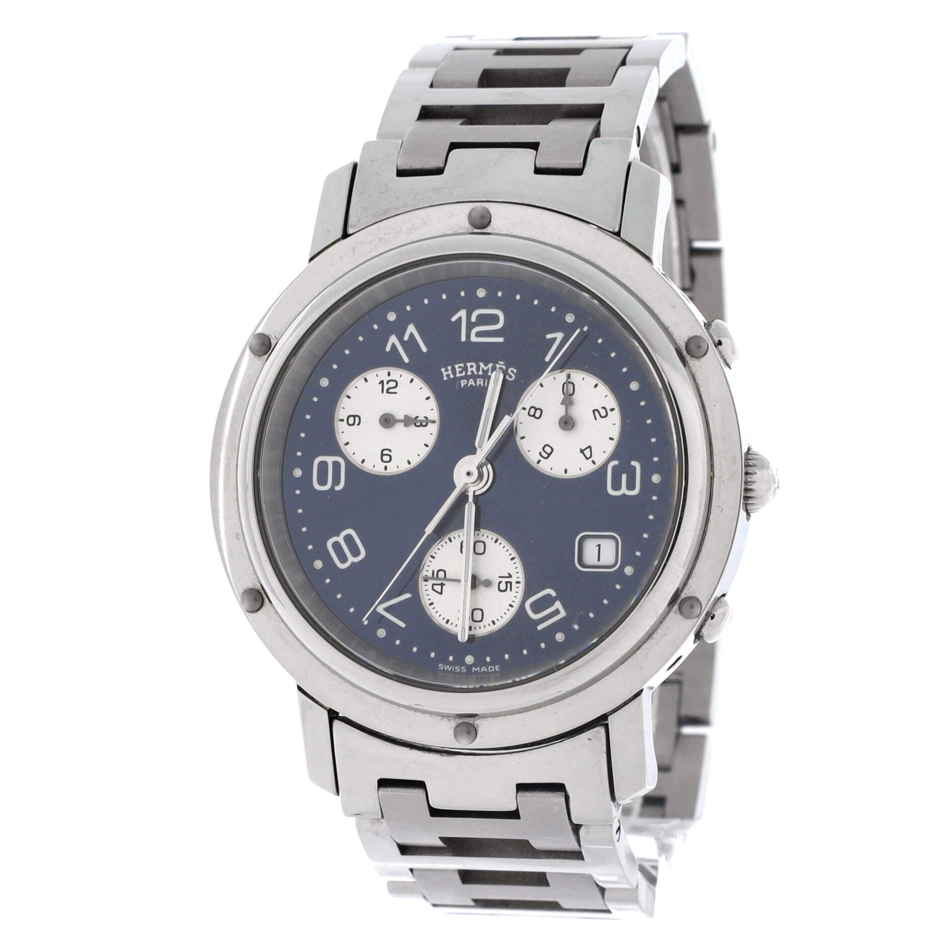 Pre-Owned Hermes Clipper Chronograph Quartz Watch Stainless Steel 38, Alternate, color, Silver