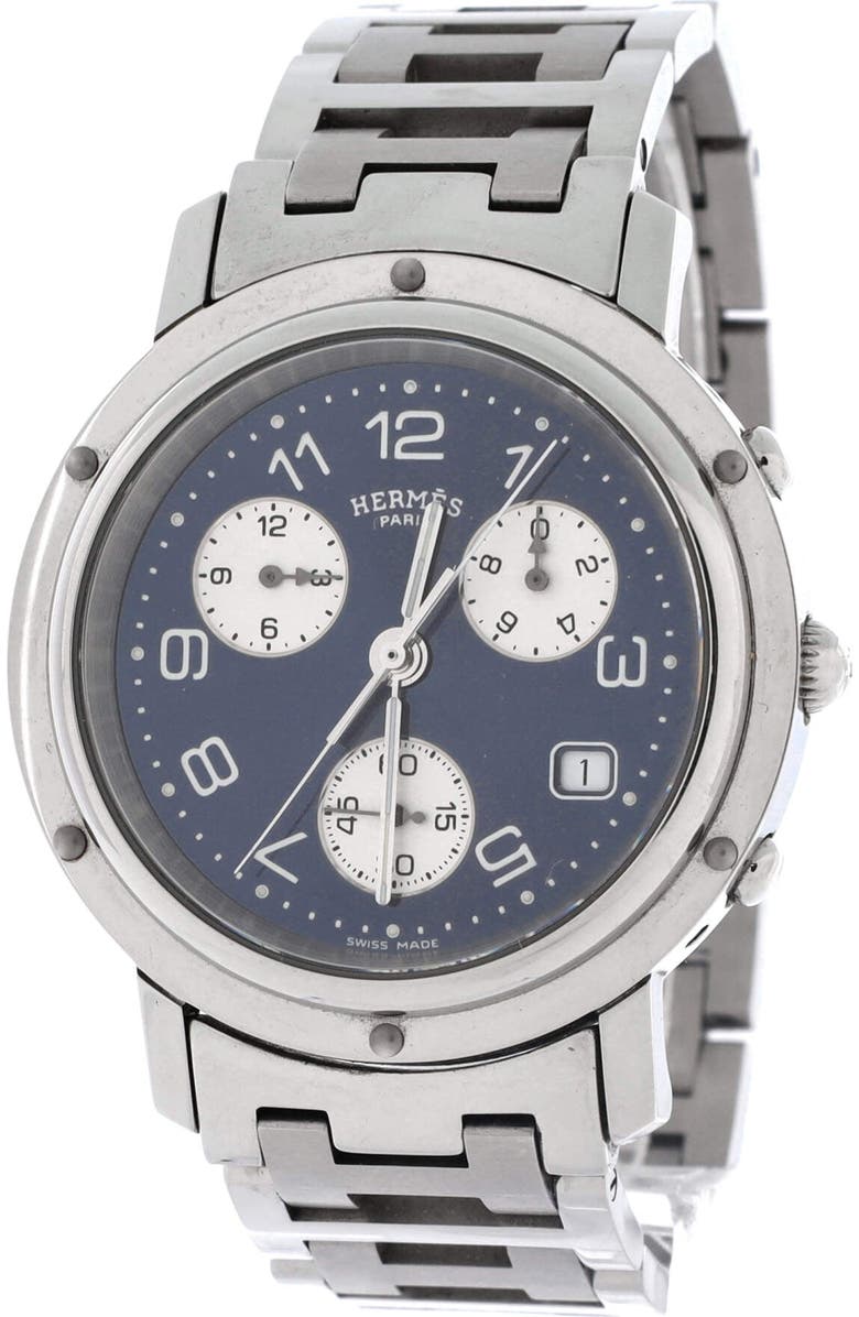 Pre-Owned Hermes Clipper Chronograph Quartz Watch Stainless Steel 38, Alternate, color, Silver