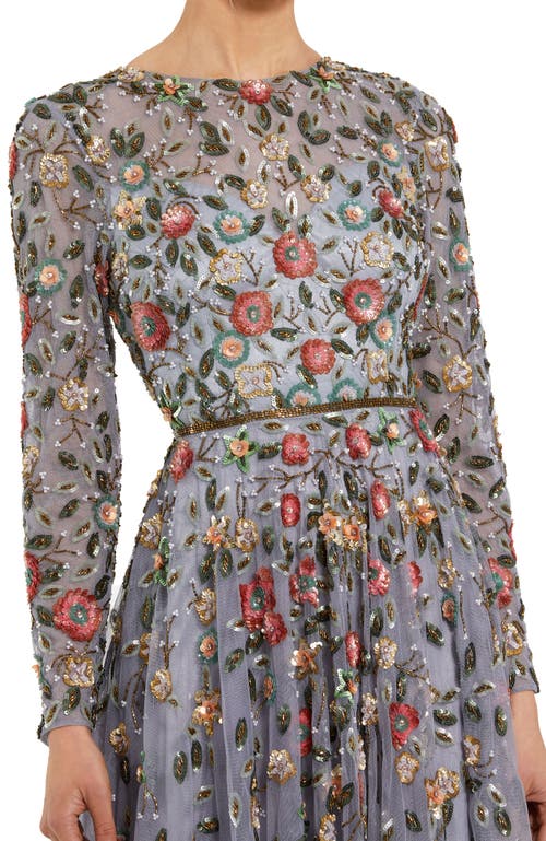 Mac Duggal Floral Appliqué Long Sleeve Illusion Gown In Grey Multi