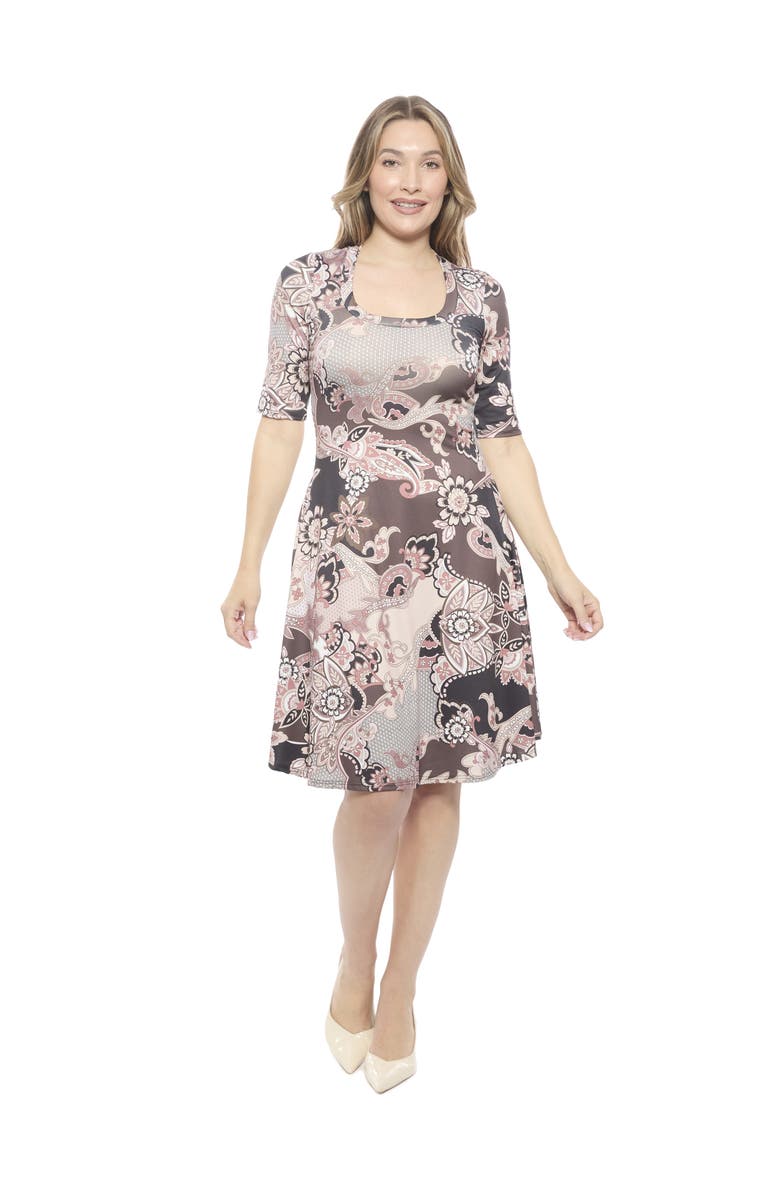 24seven Comfort Apparel Womens Paisley Scoop Neck Elbow Sleeve Knee Length A-Line Flared Dress, Main, color, Brown Multi