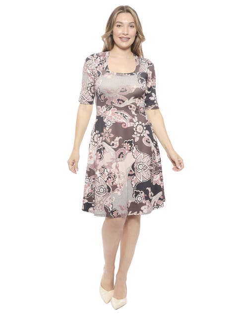 Womens Paisley Scoop Neck Elbow Sleeve Knee Length A-Line Flared Dress