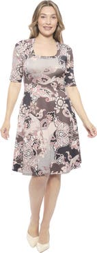24seven Comfort Apparel Womens Paisley Scoop Neck Elbow Sleeve Knee Length A-Line Flared Dress