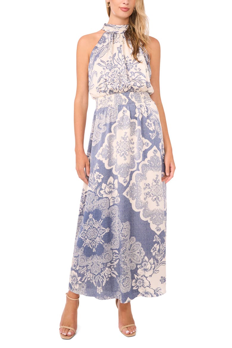 Mixed Print Smock Waist Maxi Dress, Main, color, DENIM