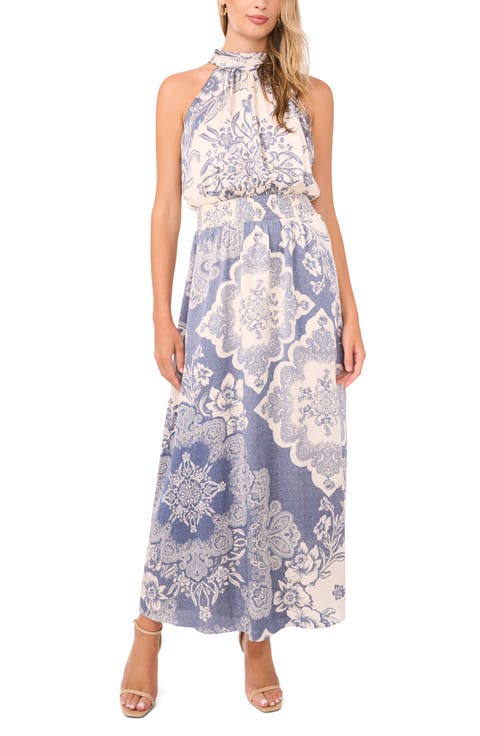 Mixed Print Smock Waist Maxi Dress