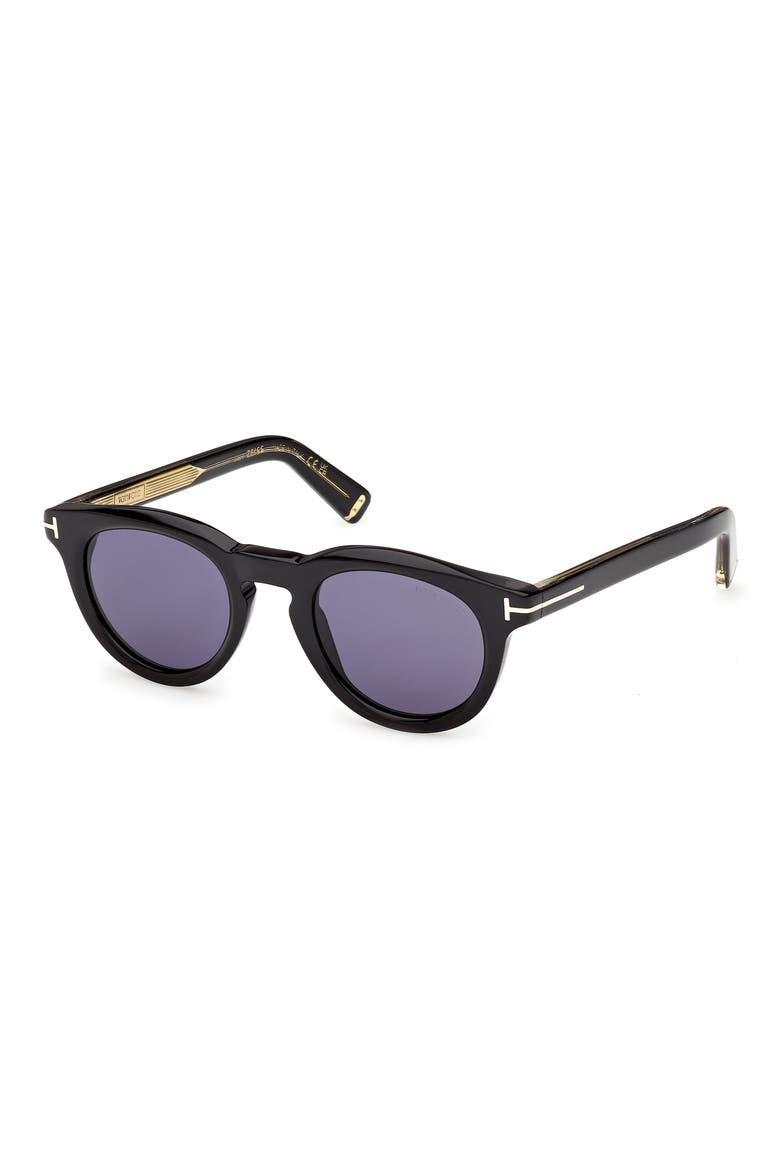 47mm Small Round Sunglasses, Alternate, color, SHINY BLACK / BLUE LENS