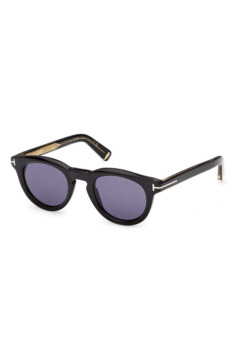 TOM FORD 47mm Small Round Sunglasses, Alternate, color, Shiny Black / Blue Lens