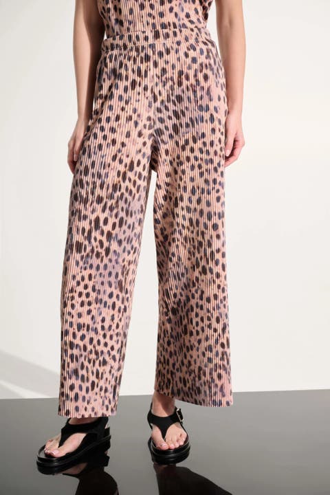 Pleated Scuba Crepe Animal Print Pull-On Wide Leg Pants
