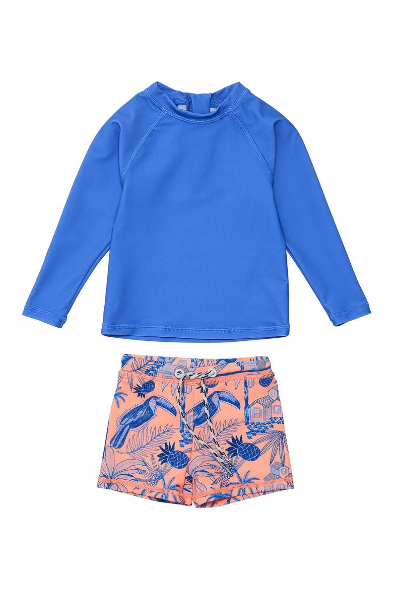 Tropical Vacay Two-Piece Rashguard Swimsuit, Main, color, BLUE/ PEACH