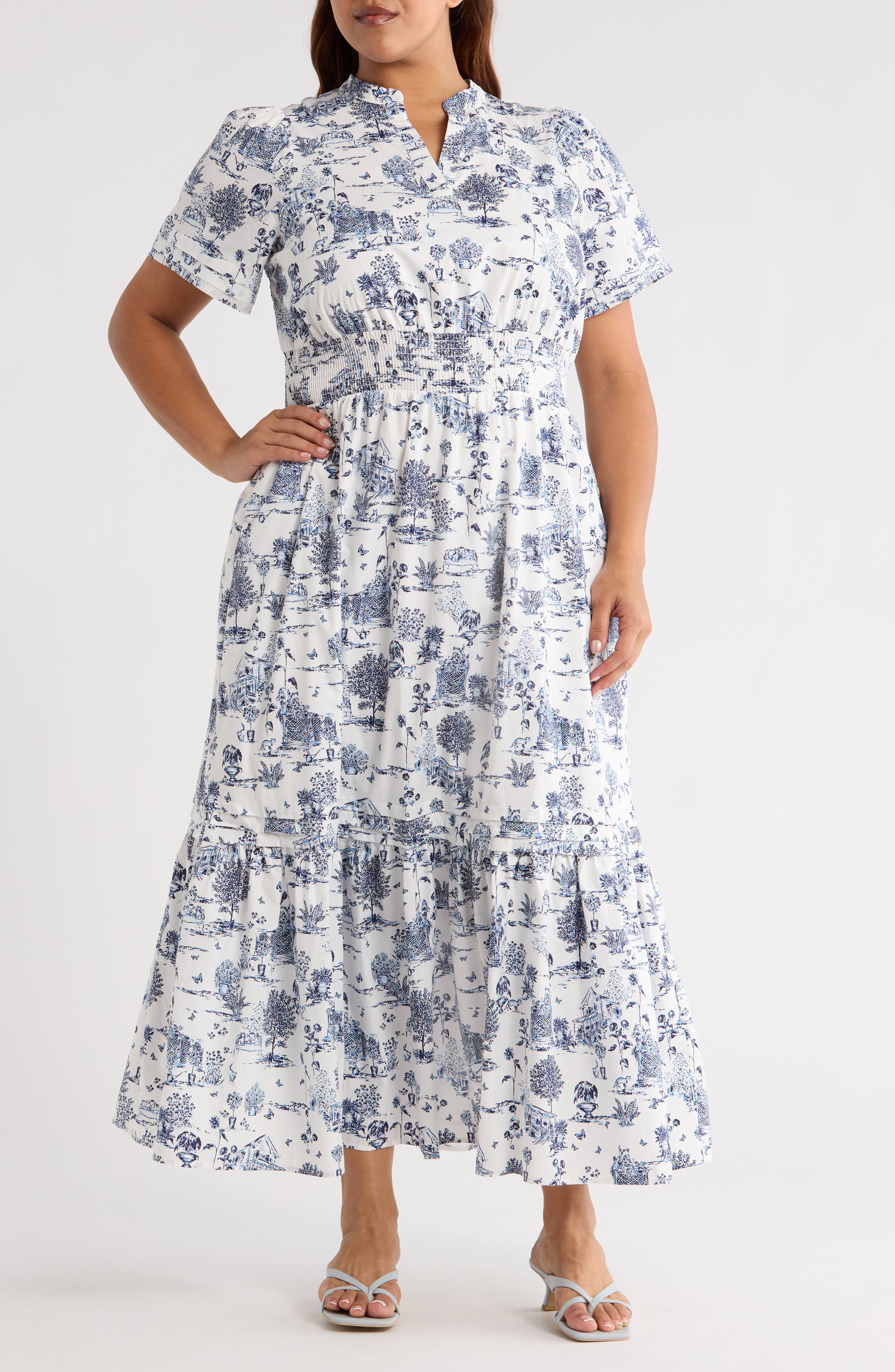 SUGARLIPS Renzo Toile Cotton Poplin Maxi Dress in White/Blue/Multi 
