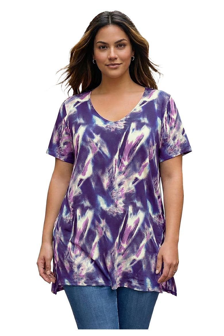 Ultra Drape V Neck Short Sleeve Swing Tunic, Main, color, MAUVE SMOKY TIE DYE