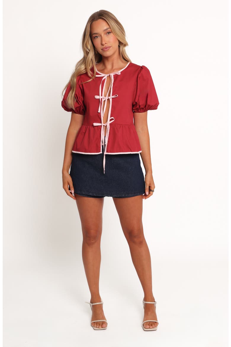 Ellien Tie Front Puff Sleeve Top, Alternate, color, RED
